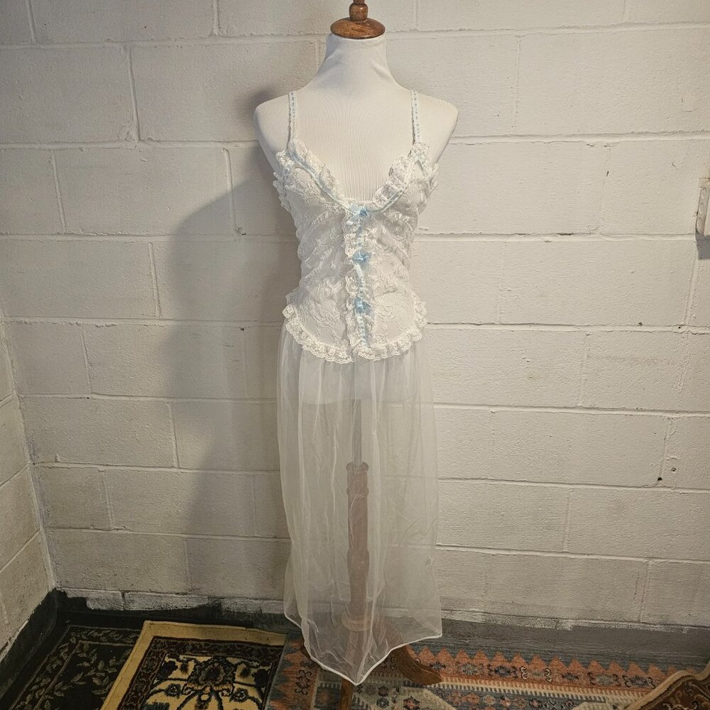 VNT Western Coquette Bridal Girly Femi White & Blue Sheer Frilly Lace Slip Dress